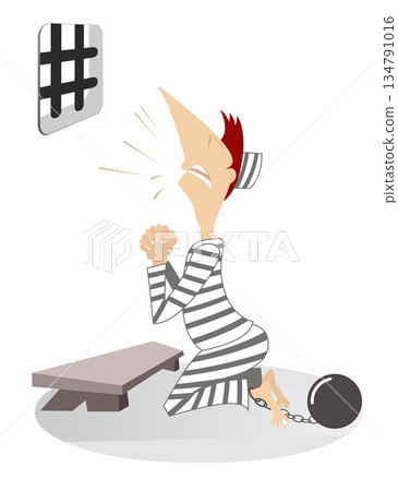 Cartoon prisoner prays in the kneel. Cartoon prisoner behind bars prays in the kneel and asks for forgiveness and freedom	 134791016