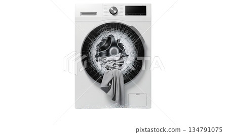 A washing machine shows visible damage with a shattered door. Clothes hang out of the broken opening. The machine is isolated on a clear background. 134791075