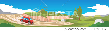 Red SUV driving on dirt road with dust trail near cliff. Adventure off-road travel. Dirt road that curves down from the hill. Under blue sky and white clouds. Concept vector illustration for banner. Red SUV driving on dirt road with dust trail near cliff. Adventure off-road travel. Dirt road that curves down from the hill. Under blue sky and white clouds. Concept vector illustration for banner. 134791087