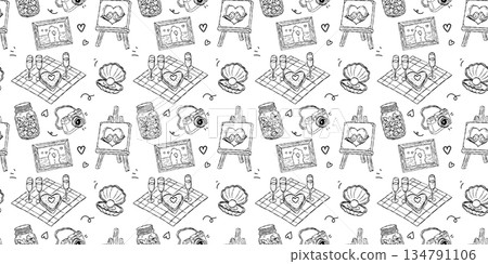 Romantic journey and love story seamless pattern with camera and easel, vintage seaside picnic and wishing well hand drawn doodle vector wallpaper 134791106