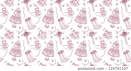 Wedding cupcakes and celebration treats seamless pattern hand drawn doodle vector, romantic wedding bells and gift box sketch illustration wallpaper 134791107