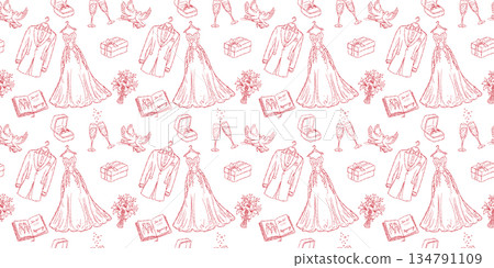 Elegant wedding ceremony seamless pattern with bridal gown and groom suit, romantic floral bouquet and champagne hand drawn doodle vector wallpaper 134791109