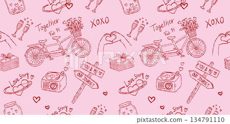 Romantic journey and love story seamless pattern on pink background, vintage tandem bicycle and record player hand drawn doodle vector wallpaper Romantic journey and love story seamless pattern on pink background, vintage tandem bicycle and record player hand drawn doodle vector wallpaper 134791110