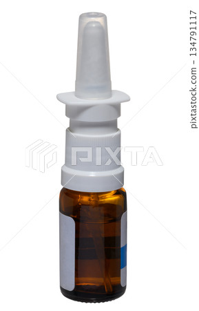 Glass bottle with nasal spray and dispenser on isolated background 134791117