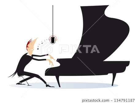 Illustration of young pianist and singer man. Expressive pianist man playing piano and singing with great inspiration. Isolated white background Illustration of young pianist and singer man. Expressive pianist man playing piano and singing with great inspiration. Isolated white background 134791187