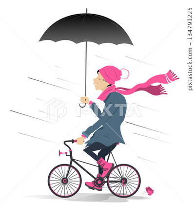 Rainy and windy day and woman rides a bike. Young woman with an umbrella rides a bike under the strong wind and rain. Isolated on white background 134791225