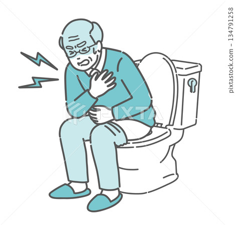 Illustration of an elderly man (grandfather) suffering from heat shock in the toilet and holding his chest 134791258