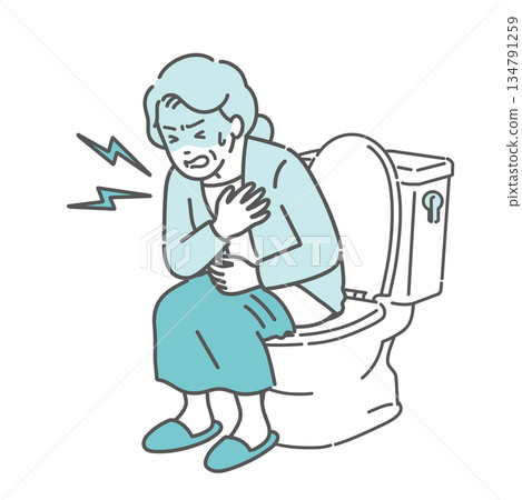 Illustration of an elderly woman (grandmother) suffering from heat shock in the toilet and holding her chest 134791259