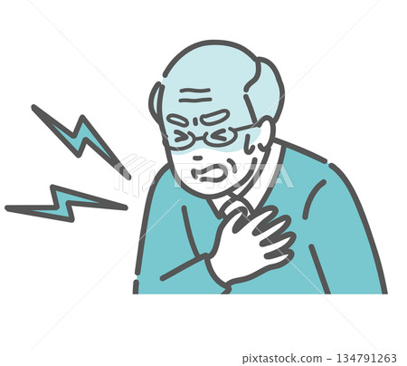 插圖描繪了一位老年男子突發心臟病、胸痛、突發疾病的情景。 134791263