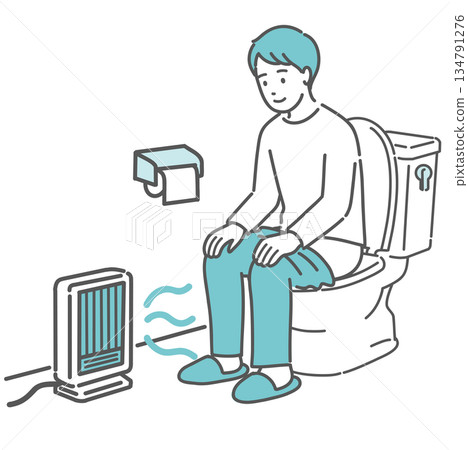 Preventing heat shock in the toilet: A man warms himself with a foot heater Preventing heat shock in the toilet: A man warms himself with a foot heater 134791276