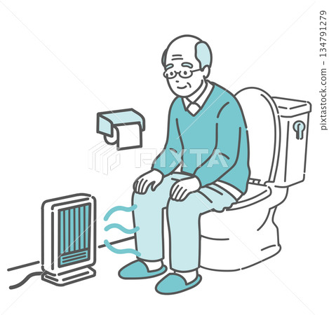 防止上廁所時中暑的措施:一位老人用腳部暖氣取暖 防止上廁所時中暑的措施:一位老人用腳部暖氣取暖 134791279