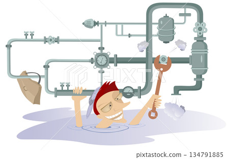 Comic mechanic repairs pipe construction. Breakdown. Comic mechanic with a wrench repairs pipe construction to stop water, gas oil flow 134791885