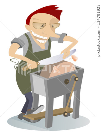Cartoon grinder whets a big knife isolated on white background	 134791925