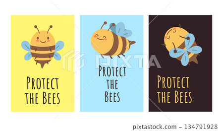Protect the Bees poster set with cute bee characters. Bright and simple illustrations for eco campaigns, stickers, prints and educational materials. 134791928