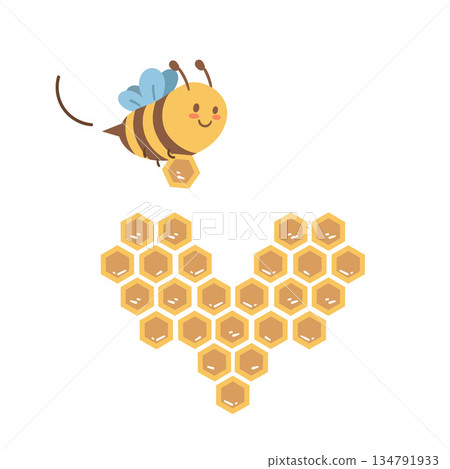Happy bee flying above honeycombs. Sweet and friendly illustration for honey branding, educational materials, kids designs and eco inspired visuals. Happy bee flying above honeycombs. Sweet and friendly illustration for honey branding, educational materials, kids designs and eco inspired visuals. 134791933