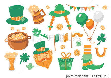 Colorful St. Patrick s Day vector set featuring leprechaun elements, shamrocks, gold coins, Irish flags, hats, beer, balloons, gifts, and festive decorations. A cheerful holiday illustration Colorful St. Patrick s Day vector set featuring leprechaun elements, shamrocks, gold coins, Irish flags, hats, beer, balloons, gifts, and festive decorations. A cheerful holiday illustration 134791948