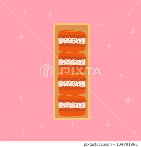 Vertical row of festive Christmas macarons on a pink background. Winter dessert illustration ideal for greeting cards, posters, and seasonal banners. Vertical row of festive Christmas macarons on a pink background. Winter dessert illustration ideal for greeting cards, posters, and seasonal banners. 134791966