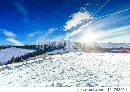 Dramatic Winter Twilight Over Mountain Ski Resort Dramatic Winter Twilight Over Mountain Ski Resort 134792054