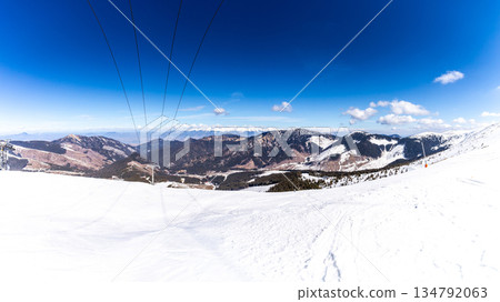 Winter Mountain Panorama with Ski Slope and Pine Forest Winter Mountain Panorama with Ski Slope and Pine Forest 134792063