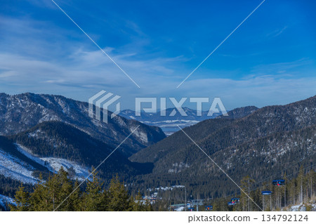 Ski Chairlift Over Forest Valley with Lake View 134792124