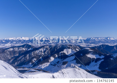 Winter Panorama of Low Tatras Mountains with Sunny Blue Sky 134792145