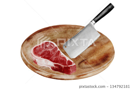 Watercolor illustration of a raw ribeye beef steak on a wooden cutting board with a meat cleaver. Realistic food art isolated on white background. Detailed hand-drawn meat texture and kitchen knife. 134792181