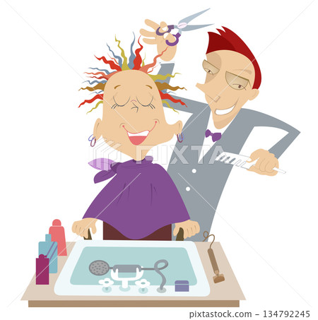 Hairdresser paints hair of the woman illustration. Funny cartoon hairdresser makes to woman a colored stylish haircut isolated on white background 134792245