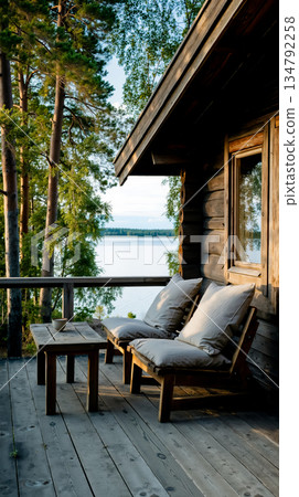 A wooden deck with two lounge chairs and a table on it A wooden deck with two lounge chairs and a table on it 134792258