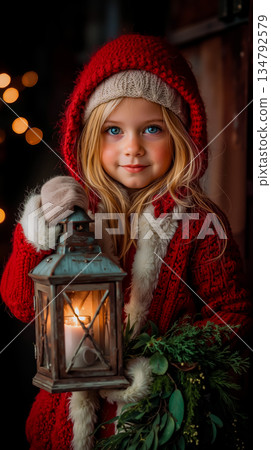 A little girl in a red sweater holding a lantern 134792579
