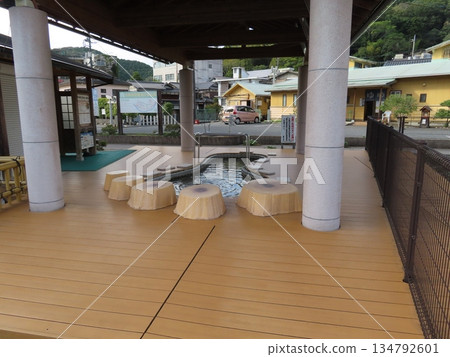 Free foot bath at Fureai no Yu in Yunogo Onsen town, Mimasaka city, Okayama prefecture. Footprints of Sanbutaro, a legendary giant from the Mimasaka region. Free foot bath at Fureai no Yu in Yunogo Onsen town, Mimasaka city, Okayama prefecture. Footprints of Sanbutaro, a legendary giant from the Mimasaka region. 134792601