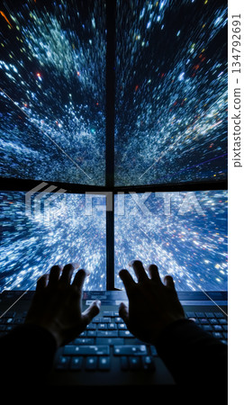 A person typing on a laptop computer in front of a window 134792691