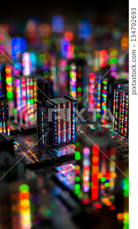 A close up of a computer motherboard with a city in the background 134792693