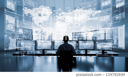 A man sitting at a desk in front of multiple computer monitors A man sitting at a desk in front of multiple computer monitors 134792694