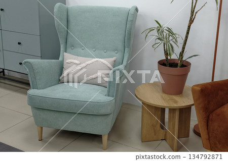 A light blue chair with a cushion sits next to a potted plant on a wooden table in a modern indoor setting filled with furniture during daylight A light blue chair with a cushion sits next to a potted plant on a wooden table in a modern indoor setting filled with furniture during daylight 134792871