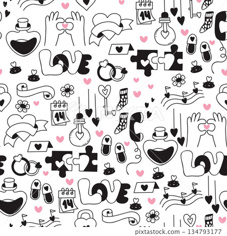 Valentine Seamless Pattern. Black Romantic Doodle Hearts, Love Symbols and Notes, Wedding Rings on White Background. Repeating holiday Template. Vector Illustration. Not AI Valentine Seamless Pattern. Black Romantic Doodle Hearts, Love Symbols and Notes, Wedding Rings on White Background. Repeating holiday Template. Vector Illustration. Not AI 134793177