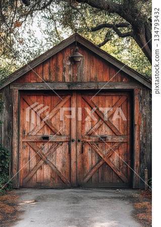 Rustic wooden barn doors weathered by time surrounded by greenery in a tranquil rural setting during the late afternoon 134793432