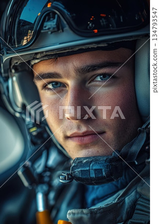 Young pilot in flight gear preparing for a mission at an airbase during daylight hours 134793547