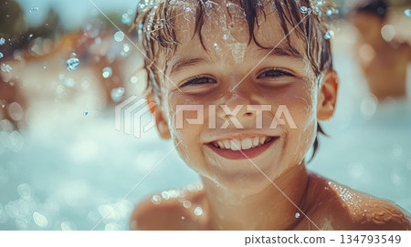 Happy child enjoying a joyful moment in the water during a sunny summer day at a family-friendly pool 134793549