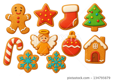 Png set of festive christmas gingerbread cookies with tree, stocking, angel, and candy cane on transparent background. concept of holiday baking, seasonal treats, festive decorations 134793879