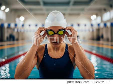 Woman swimmer adjusting goggle. Athlete preparing for race in indoor swimming pool. Determination and dedication for sport competition. 134793992