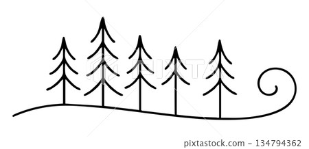 Black doodle of pine trees in curved line pattern, isolated on white background. concept of nature, forest, evergreen trees, minimalist design, decor, icon, logo, design element Black doodle of pine trees in curved line pattern, isolated on white background. concept of nature, forest, evergreen trees, minimalist design, decor, icon, logo, design element 134794362