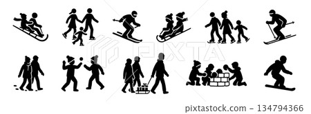 SET - Black silhouettes of winter activities featuring skiing and sledding families, isolated on white background. concept of outdoor fun, cold weather, seasonal sports, holiday spirit SET - Black silhouettes of winter activities featuring skiing and sledding families, isolated on white background. concept of outdoor fun, cold weather, seasonal sports, holiday spirit 134794366