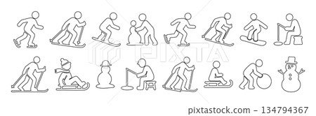 SET - Black outline icons of winter activities including skiing, snowboarding, ice skating, building snowman, isolated on white background. winter sports, recreation, seasonal fun, design element SET - Black outline icons of winter activities including skiing, snowboarding, ice skating, building snowman, isolated on white background. winter sports, recreation, seasonal fun, design element 134794367