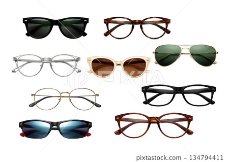 Png collection of stylish eyeglasses and sunglasses on simple background. concept of eyewear, fashion accessories, vision correction, sun protection glasses set. 134794411