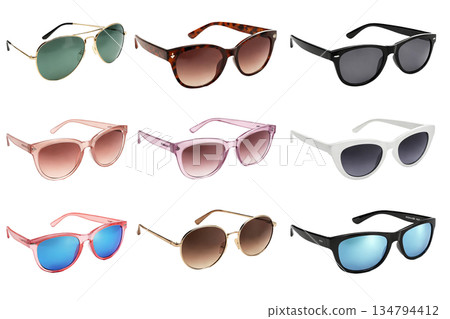 Png set of stylish sunglasses in various colors and shapes isolated on transparent background. concept of eyewear fashion, summer accessories, sun protection collection. Png set of stylish sunglasses in various colors and shapes isolated on transparent background. concept of eyewear fashion, summer accessories, sun protection collection. 134794412