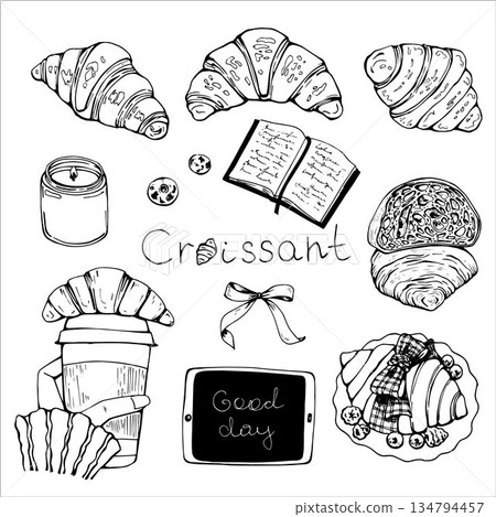 Set of French croissants. Vector illustration in sketch line style Set of French croissants. Vector illustration in sketch line style 134794457