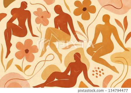 Abstract illustration of diverse nude female figures with floral patterns and botanical motifs for modern art decor. concept of body positivity, artistic expression, empowerment, background 134794477