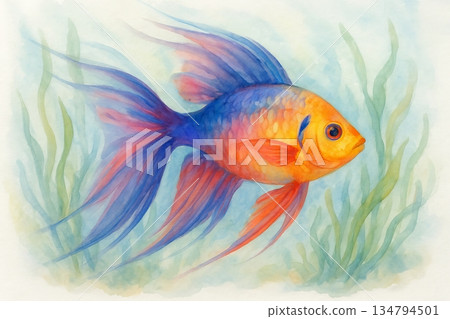 Tropical fish swimming among seaweed in vibrant watercolor illustration. concept of marine life, underwater beauty, exotic ocean creatures 134794501