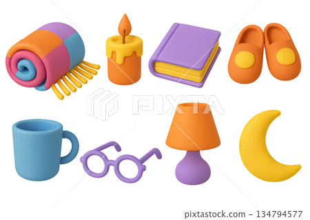 Png cozy evening essentials with colorful blanket, candle, book, slippers isolated on transparent background. concept of relaxation, home comfort, warm atmosphere, simple decor 134794577