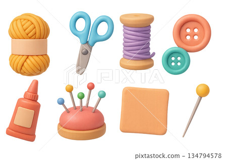 Png cute craft set with colorful knitting, sewing, and crafting tools isolated on transparent background. concept of diy activities, creative decor, hobby supplies illustration Png cute craft set with colorful knitting, sewing, and crafting tools isolated on transparent background. concept of diy activities, creative decor, hobby supplies illustration 134794578